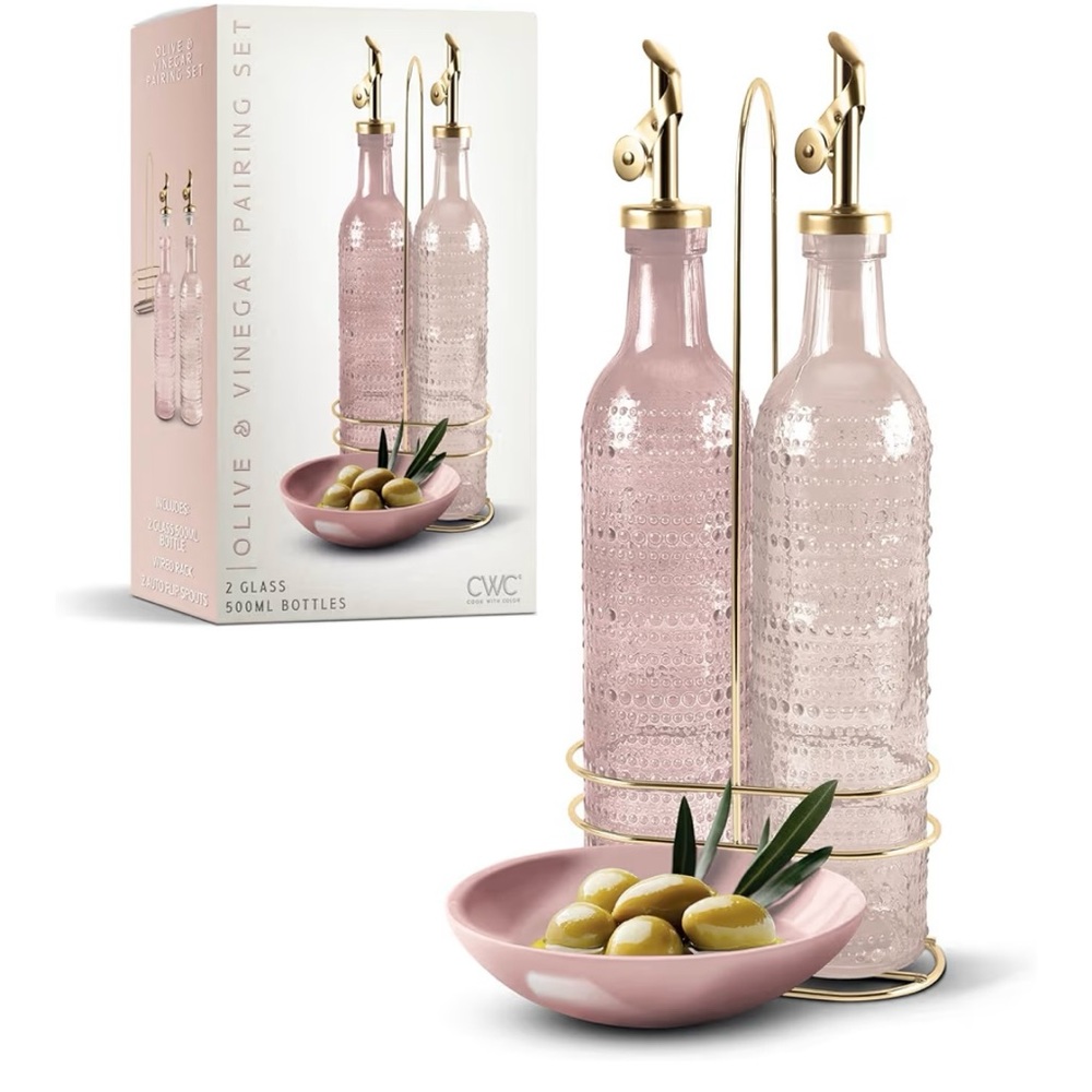 COOK WITH COLOR Olive Oil & Vinegar Glass Bottle Dispenser, NWT 17oz Pink Silver